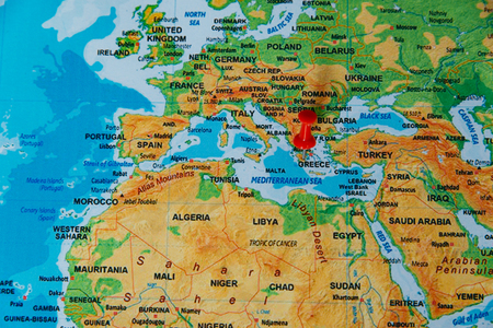 pins on the map close up point to greece. soft focusの写真素材