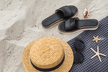 summer concept. beach stuff on sand. copy spaceの写真素材