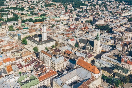 aerial view of old european city in summer time. lviv ukraineの写真素材