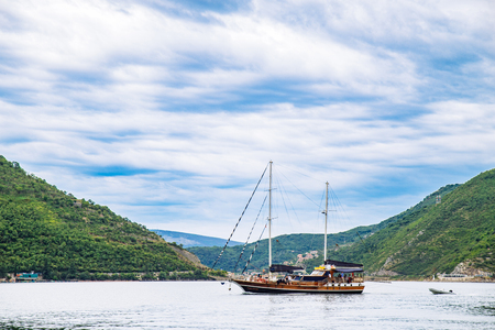 boat in blue sea water. copy spaceの写真素材