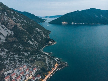 aerial view of kotor bay in the evening. summer time