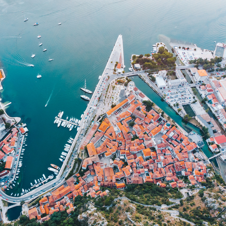 aerial view of kotor city in montenegro. ships and boats in dockの写真素材