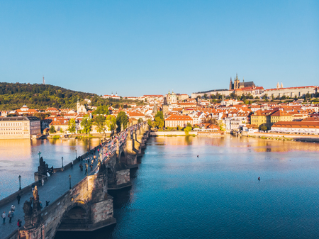 aerial view on sunrise of charles bridge in prague. travel conceptの写真素材