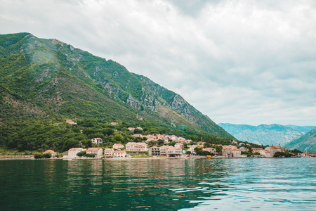 landscape view of montenegro bay. overcast weather. sea with mountains