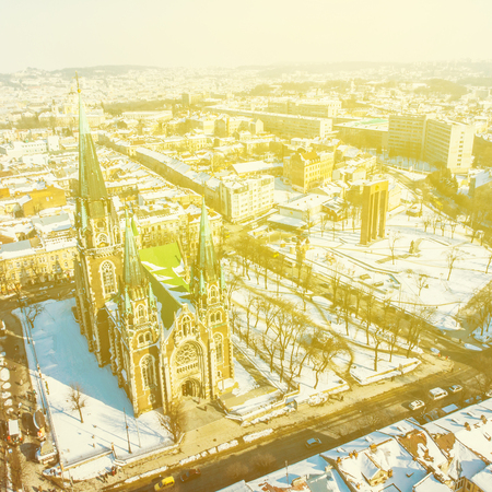 bird's eye view on old european church in winter dayの写真素材