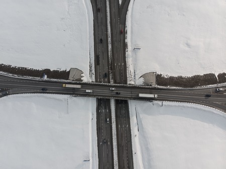 beautiful sunrise aerial view above highway. car travel conceptの写真素材