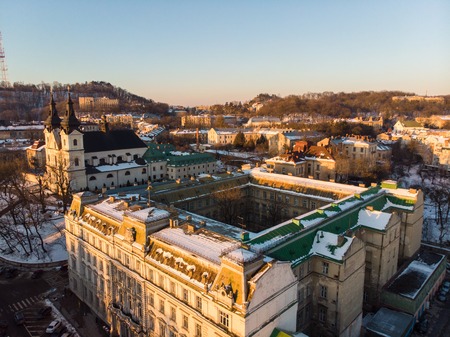 beauty sunset over old european city. birds eye view