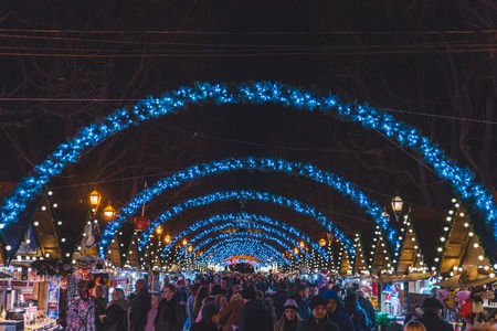 LVIV, UKRAINE - December 12, 2017: christmas festival at lviv square. market with street food conceptのeditorial素材