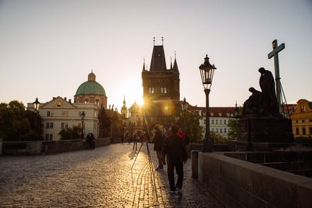 PRAGUE, CZECH REPUBLIC - September 22, 2018: Charles bridge on sunriseのeditorial素材