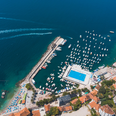 aerial view of sunny beach in herceg novi montenegro. summer vacationの写真素材