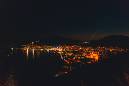night cityscape view of Budva city in Montenegroの写真素材
