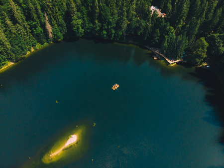 aerial view of lake in carpathian mountains. synevir tourist placeの写真素材