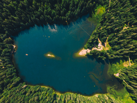 aerial view of lake in carpathian mountains. synevir tourist placeの写真素材