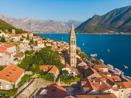 aerial view of perast city in montenegro. summer timeの写真素材