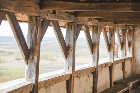 view of old wooden castle balcony. interiorの写真素材