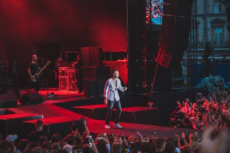 LVIV, UKRAINE - June 18, 2019: Svyatoslav Vakarchuk ukrainian rock singer at stage. music festのeditorial素材