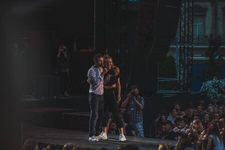 LVIV, UKRAINE - June 18, 2019: Vakarchuk at stage talking in microphone. politicalのeditorial素材