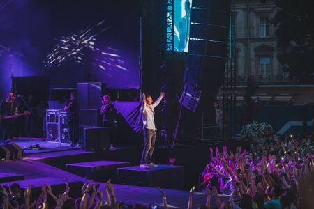 LVIV, UKRAINE - June 18, 2019: Svyatoslav Vakarchuk ukrainian rock singer at stage. music festのeditorial素材