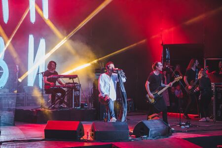 LVIV, UKRAINE - June 18, 2019: Svyatoslav Vakarchuk ukrainian rock singer at stage. music fest