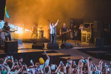 LVIV, UKRAINE - June 18, 2019: Svyatoslav Vakarchuk ukrainian rock singer at stage. music festのeditorial素材