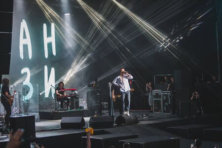 LVIV, UKRAINE - June 18, 2019: Svyatoslav Vakarchuk ukrainian rock singer at stage. music festのeditorial素材