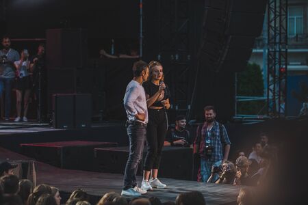 LVIV, UKRAINE - June 18, 2019: Vakarchuk at stage talking in microphone. politicalのeditorial素材