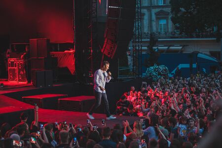 LVIV, UKRAINE - June 18, 2019: Svyatoslav Vakarchuk ukrainian rock singer at stage. music festのeditorial素材