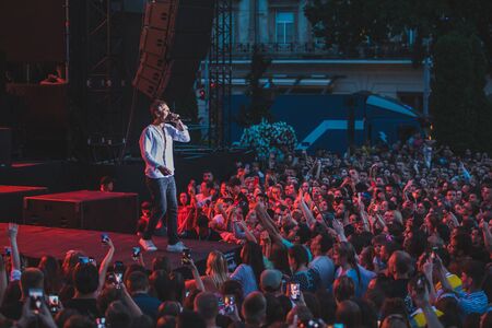 LVIV, UKRAINE - June 18, 2019: Svyatoslav Vakarchuk ukrainian rock singer at stage. music fest