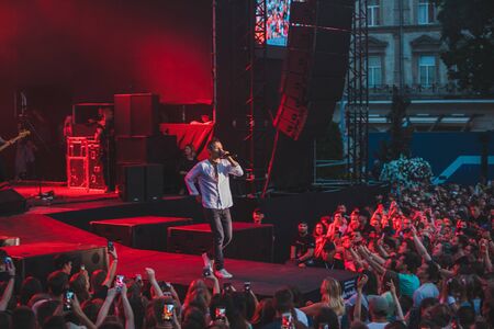 LVIV, UKRAINE - June 18, 2019: Svyatoslav Vakarchuk ukrainian rock singer at stage. music festのeditorial素材