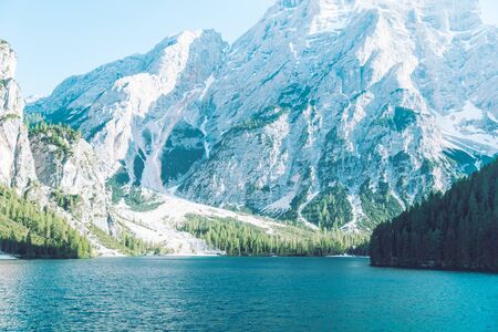 view of beautiful evening lake in mountains famous placeの写真素材