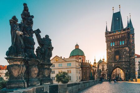 PRAGUE, CZECH REPUBLIC - September 22, 2018: Charles bridge on sunriseのeditorial素材