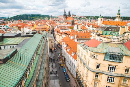 PRAGUE, CZECH - September 22, 2018: aerial view of prague. people walking by streetのeditorial素材