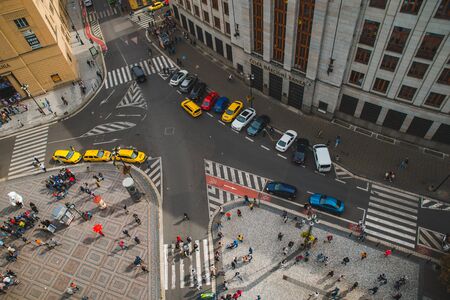 PRAGUE, CZECH - September 22, 2018: overhead view of cross road in city
