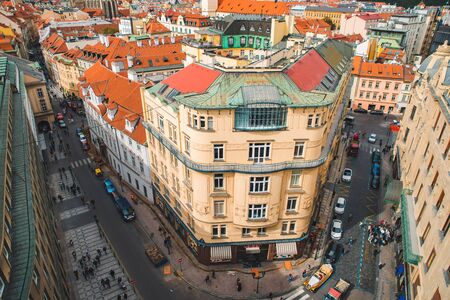 PRAGUE, CZECH - September 22, 2018: aerial view of prague. people walking by streetのeditorial素材