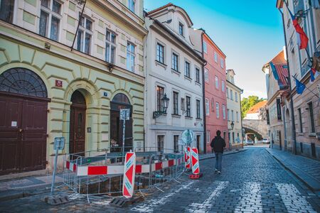 PRAGUE, CZECH - September 22, 2018: paving stone road, construction workのeditorial素材