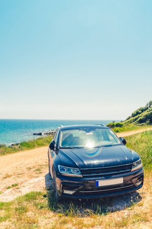 view of the car at sea summer beach copy space travel conceptの写真素材
