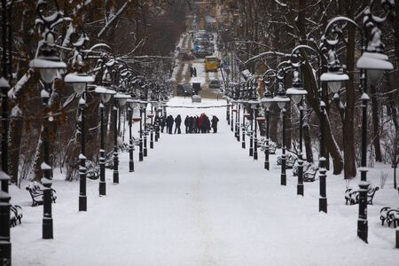 Lviv, Ukraine - January 6, 2019: view of snowed winter city park trees branchesのeditorial素材