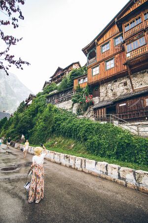 Hallstatt, Austria - June 15, 2019: building at the cliff edge summer time hallstatt austria copy spaceのeditorial素材