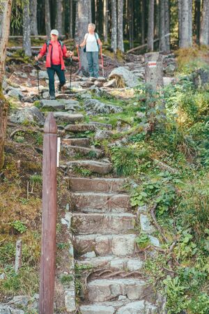 Morske oko, Poland - September 12, 2019: couple seniors hiking with sticks by forest trail lifestyle activitiesのeditorial素材