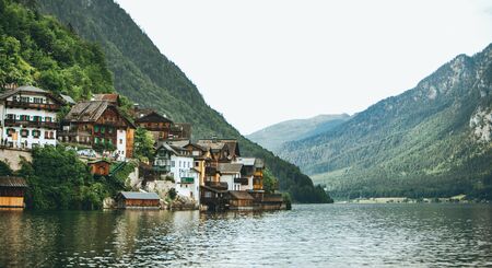 landscape view of hallstatt city in austrian alps summer time