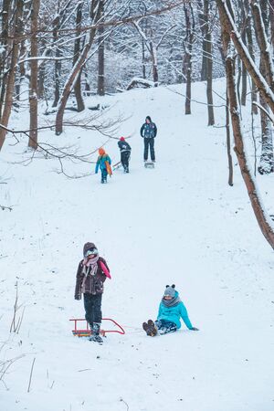 Lviv, Ukraine - January 5, 2019: kids sliding from snowed hill winter time