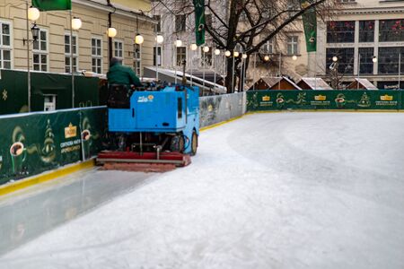 Lviv, Ukraine - January 21, 2018: ice rink cleaning machine copy spaceのeditorial素材