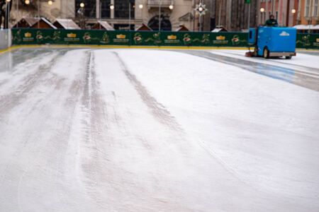 Lviv, Ukraine - January 21, 2018: ice rink cleaning machine copy space