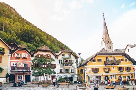 Hallstatt, Austria - June 15, 2019: central tourist city square summer timeのeditorial素材