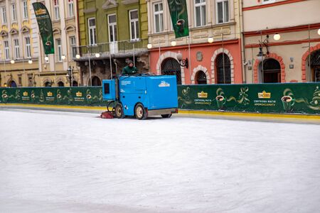 Lviv, Ukraine - January 21, 2018: ice rink cleaning machine copy spaceのeditorial素材