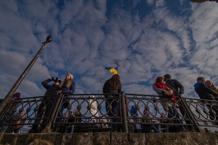 Lviv, Ukraine - March 25, 2018: people tourists at city landmark copy spaceのeditorial素材