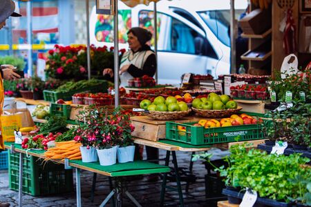 Vienna, Austria - May 16, 2019: local market with fruits and vegetables at city square. copy spaceの写真素材
