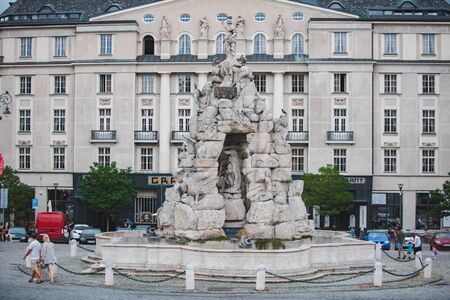 Brno, Czech Republic - June 16, 2019: fountain at travel city square. statue. copy spaceのeditorial素材