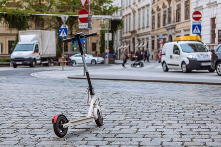 electric scooter at city street sharing urban transport conceptの写真素材