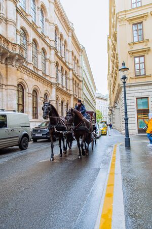 Vienna, Austria - May 16, 2019: horse coach attraction at european city street. travel tourismのeditorial素材